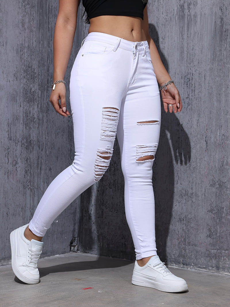 Women's Ripped Skinny Pants, Elastic Slim-fit.