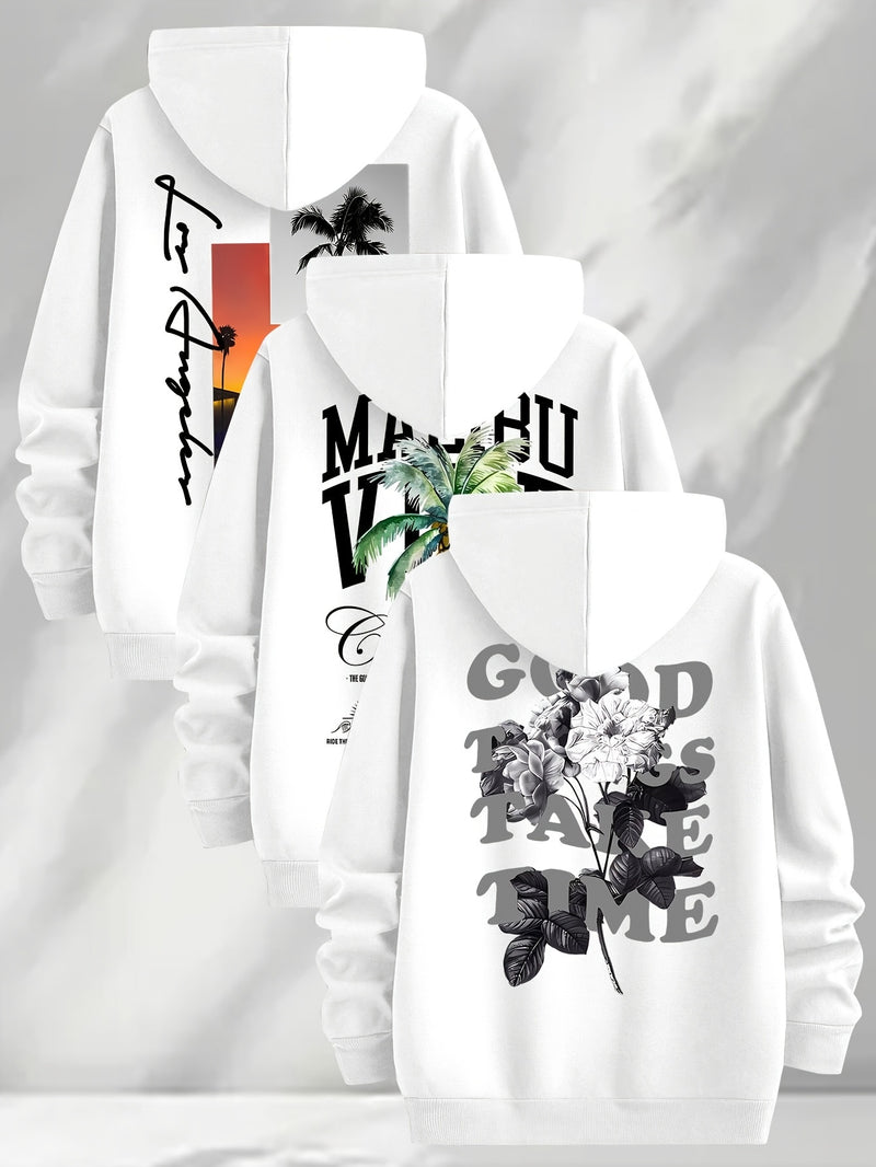 3pcs Trendy Print Sweatshirt, Men's Casual Hooded Sweatshirt.