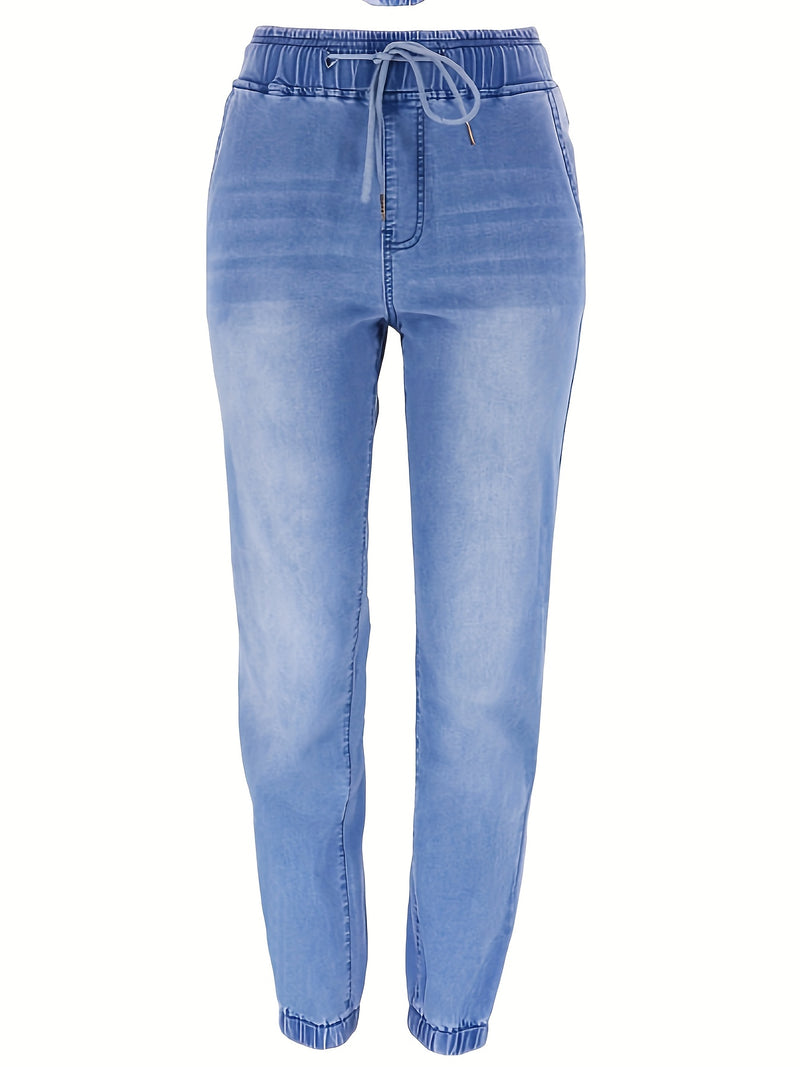 Women's Plus-Size Elastic Drawstring Tapered Jeans.