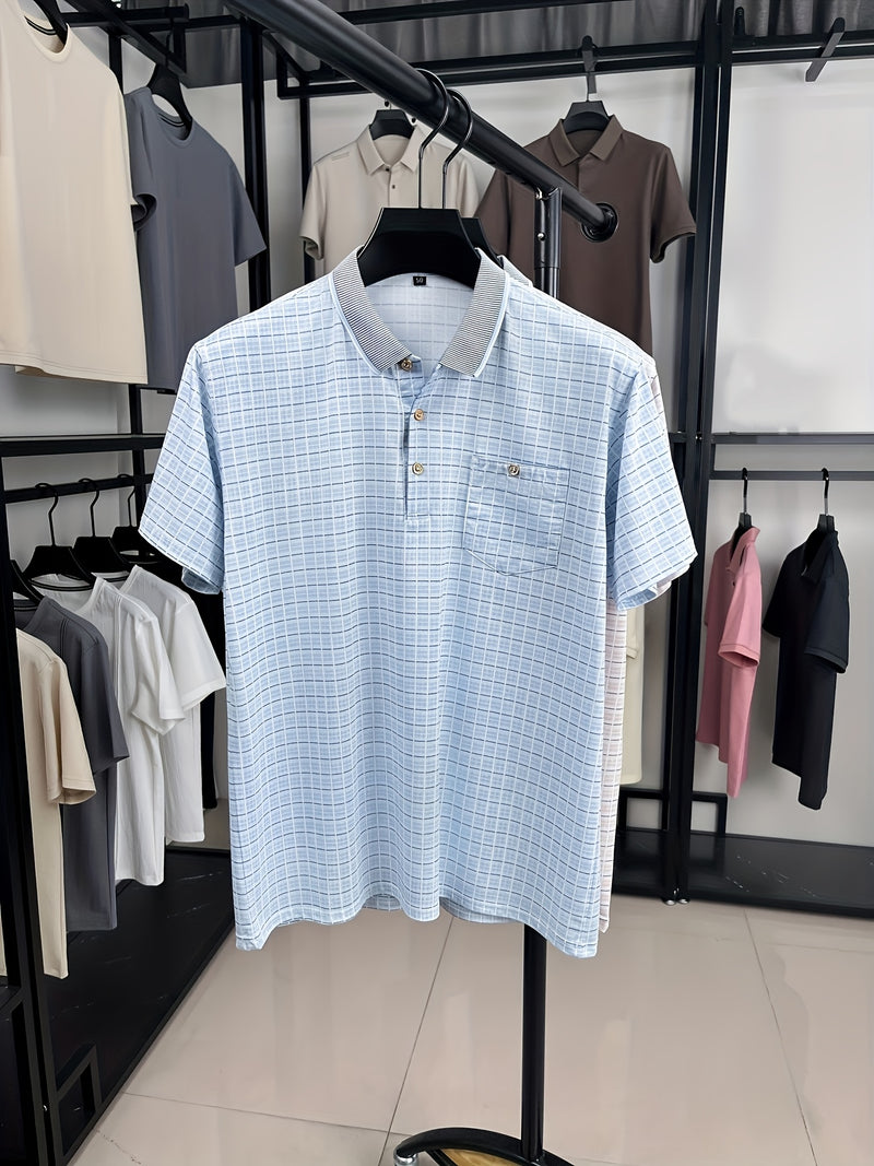 Men's Short-Sleeve T-Shirt Summer Lapel Plaid Ice Silky Fiber Fabric.