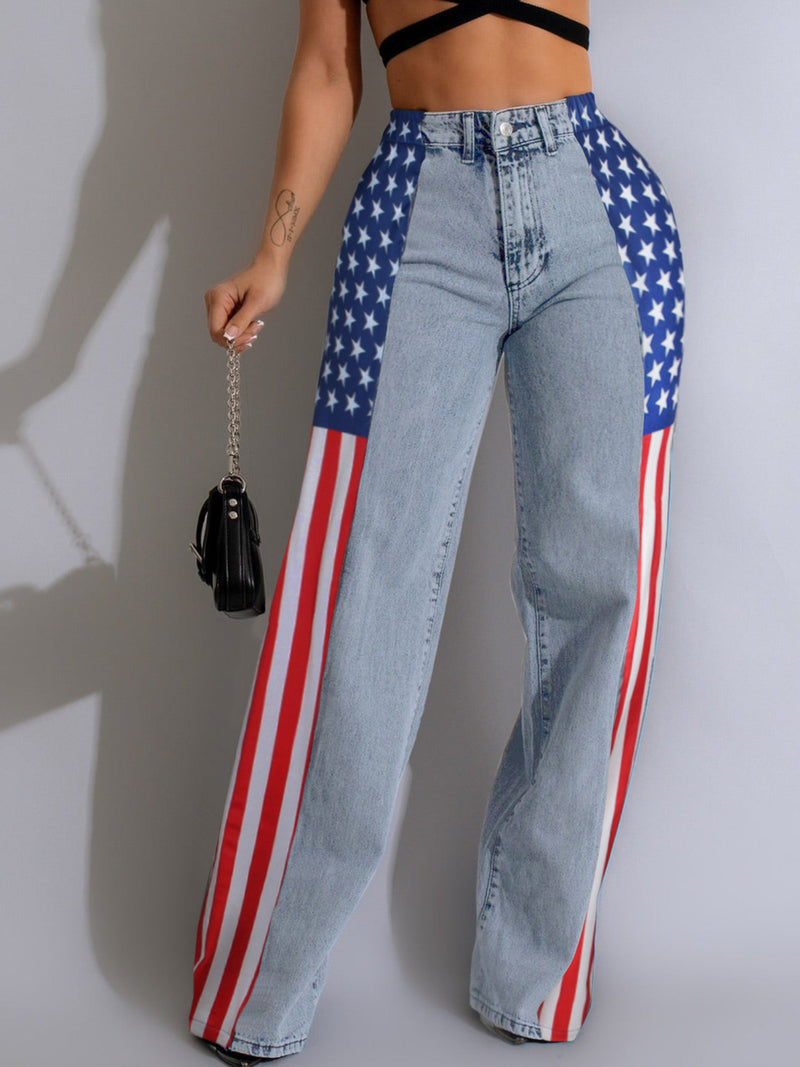 Women's High-Waisted Straight Wide Leg Jeans with American Flag Design.