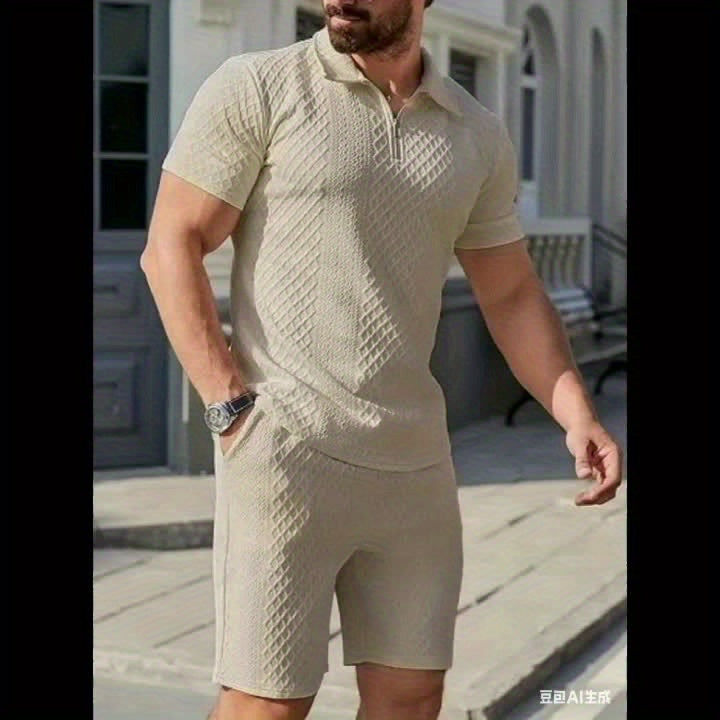 Men'S Jacquard Polo Shirt Set with Short Sleeves And Shorts for Summer.
