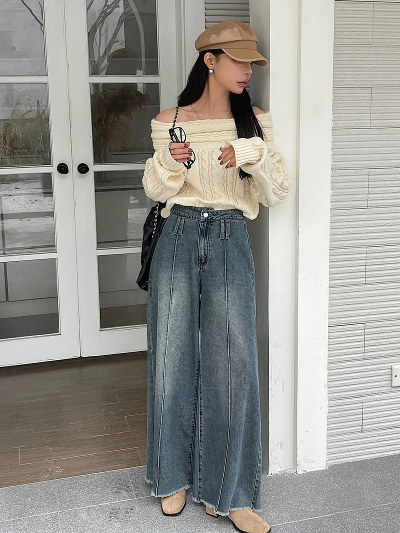 Ladies' High-Waisted Wide-Leg Loose Frayed Snowflake Denim Pants.