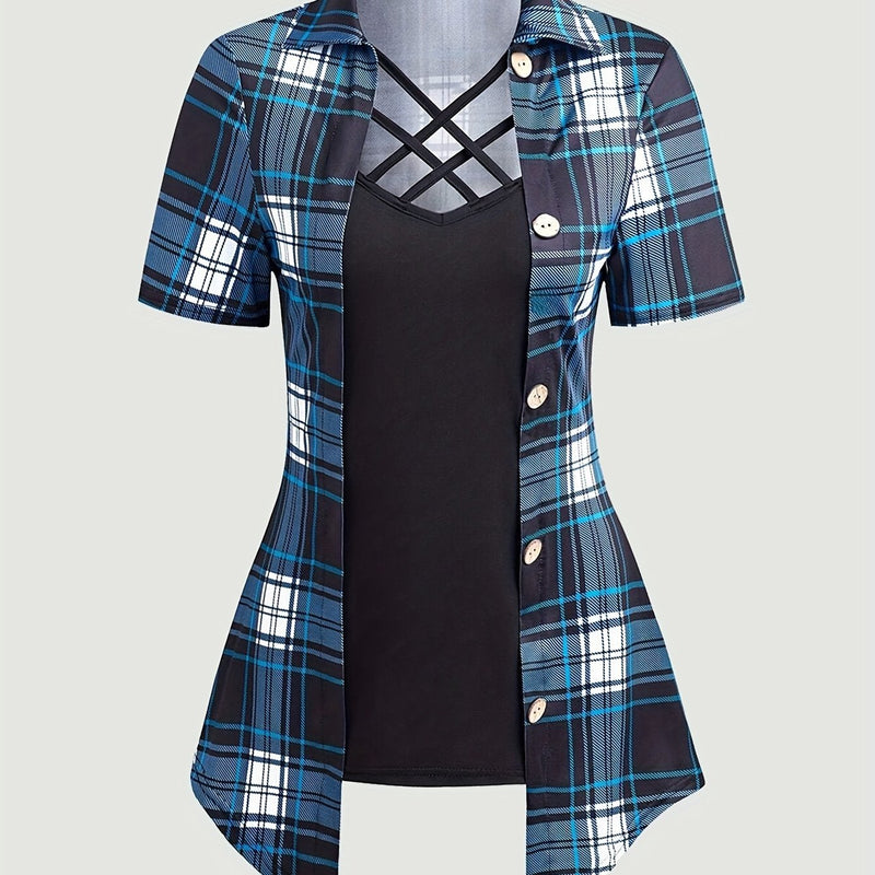 Casual Short Sleeve Crisscross Neck Asymmetric Hem Top Women's Clothing.