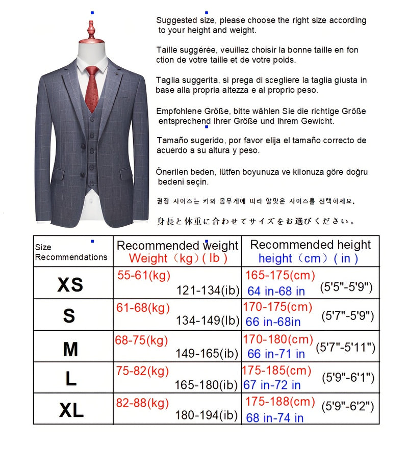 3pcs Men's Slim-Fit Checkered Suit - Notable Suit Suitable for Business.