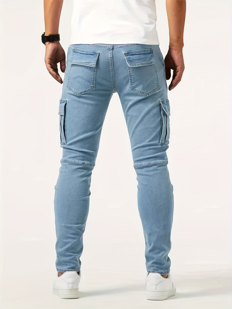 2pcs Men's Skinny Jeans Multi-pocket mid-waist stretch denim.
