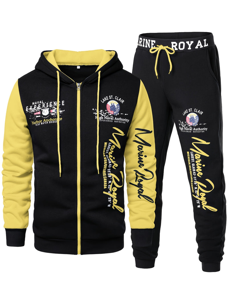 Men's Hiphop Outfit, Letter Print Long Sleeve Full-Zip Casual Jacket And Loose Jogger Pants.