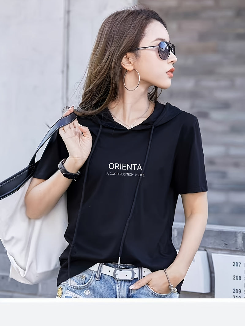 Summer New Korean Version Loose Short Sleeve Thin Trendy Printed Hooded T-Shirt for Women.