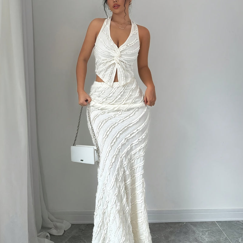 Women's 2pcs Sleeveless V-Neck Twist Halter Backless Bodycon Mermaid Dress.