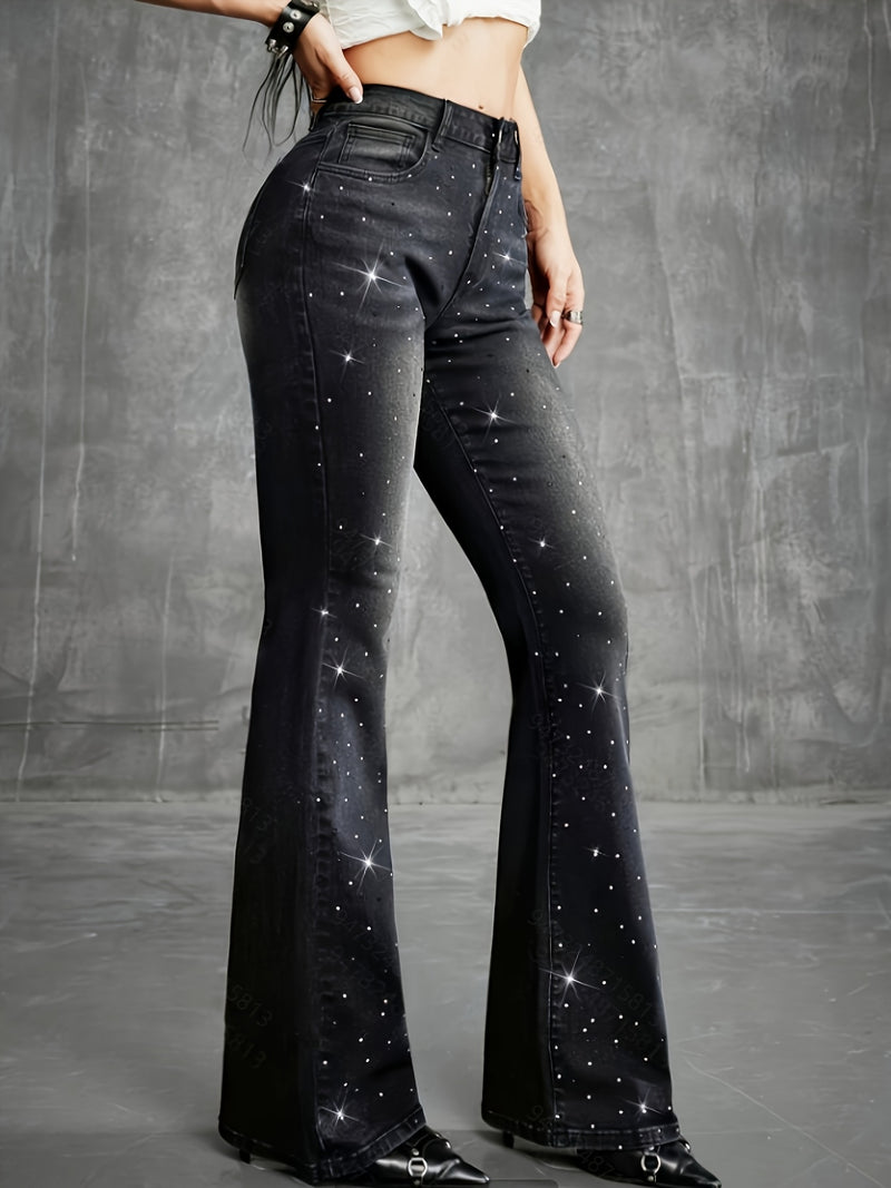 Women's Fashion Carnival Denim Rhinestone Low-Rise Flare Jeans.