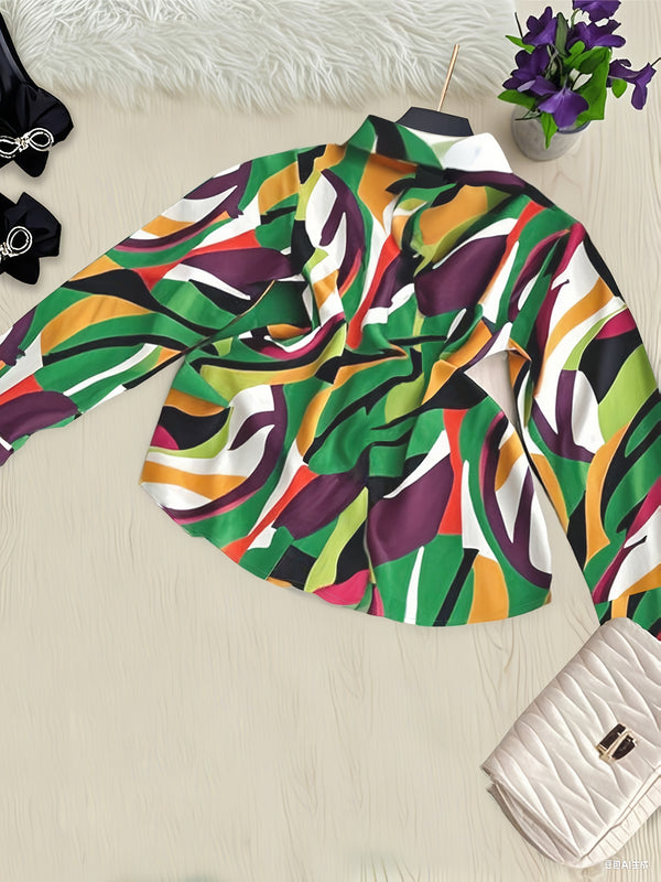 Women’s Two-Piece Set Featuring a Geometric Print Shirt And Solid Color Trousers.