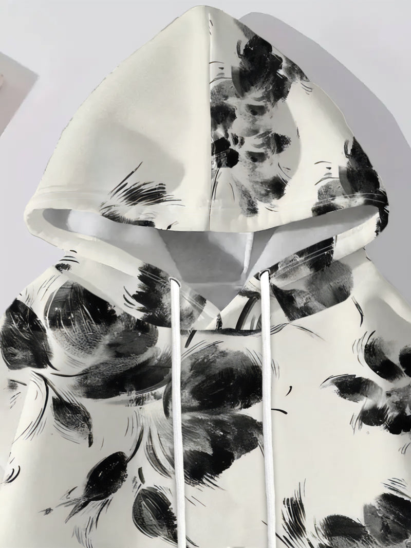 Women's Casual Hoodie with Black And White Floral Ink Wash Print .