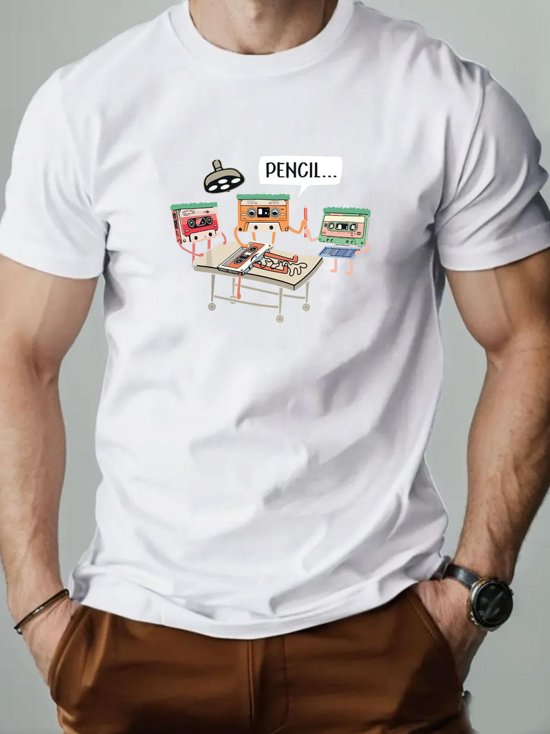 Men's Summer Casual Crew Neck Short Sleeve T-Shirt with Tape Pattern.