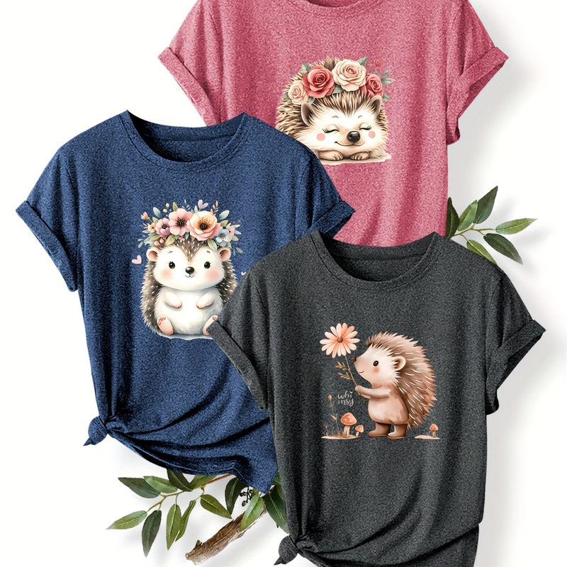 3pcs Women's Cute Hedgehog Graphic T-Shirts.