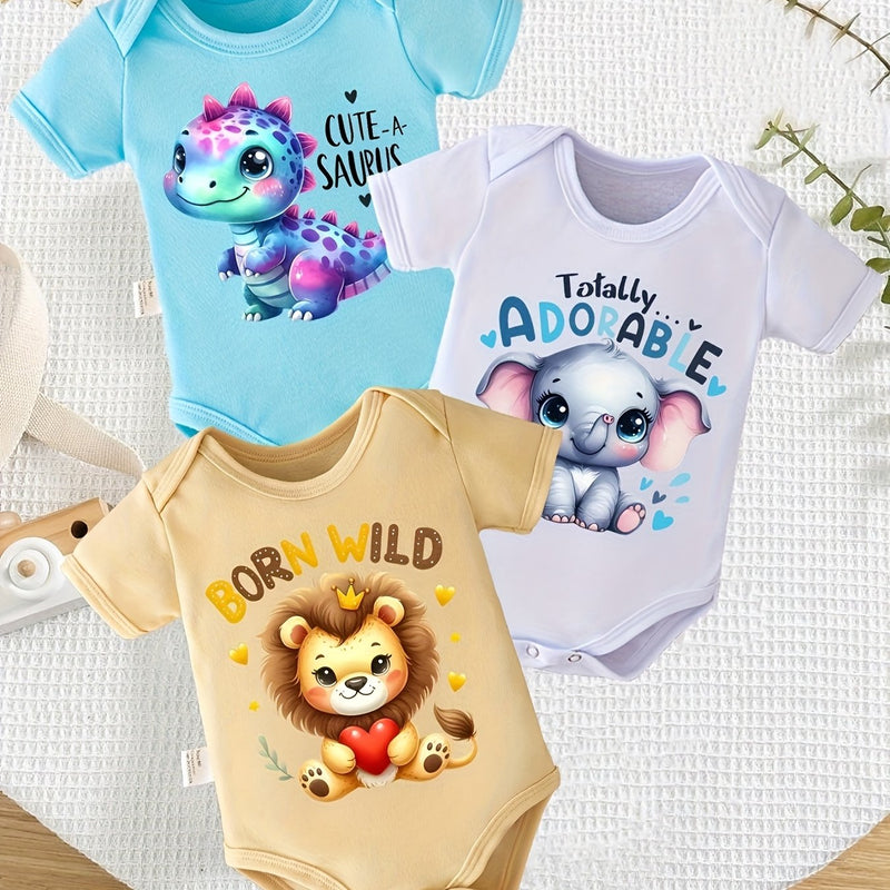 3pcs Cute Animal Print Baby Bodysuits | Soft Comfortable Crew Neck Newborn.