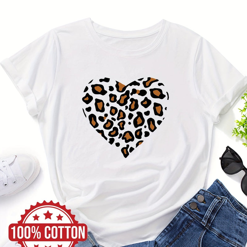 Women's "Leopard-print Heart" Graphic Print T-Shirt.