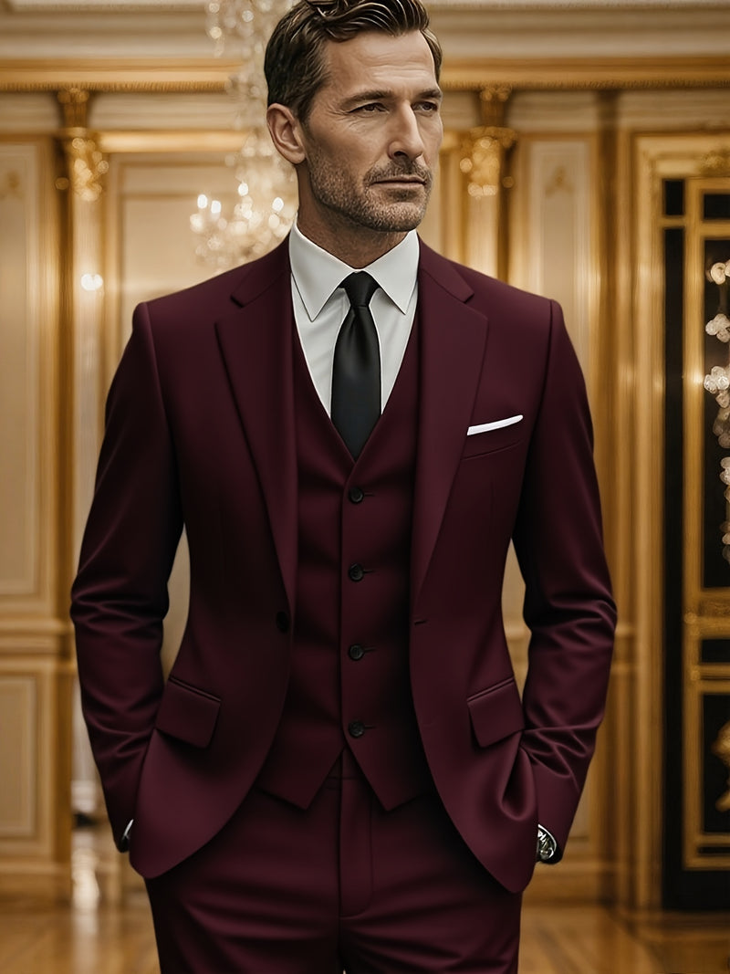 3pcs Suit Set for Men, Single-Breasted One-Button Black Suit And Trousers Set.