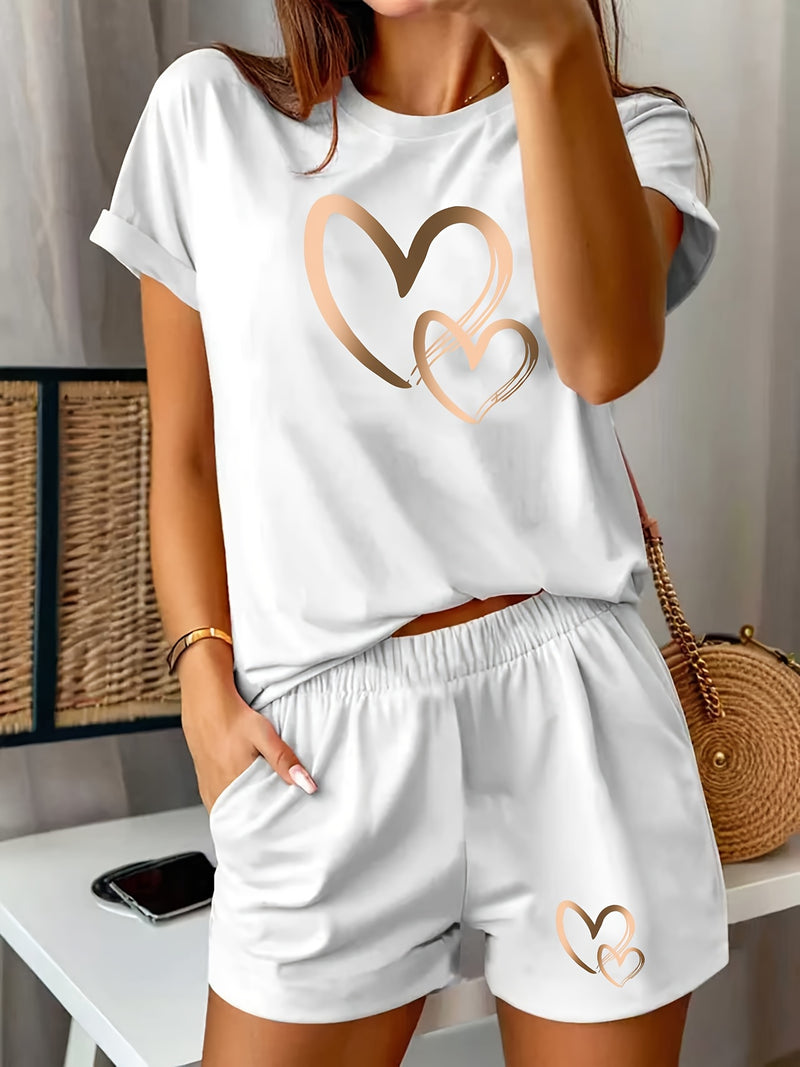 Women's Sporty Two-Piece Set: Round Neck Short Sleeve T-Shirt + Pocketed Shorts.