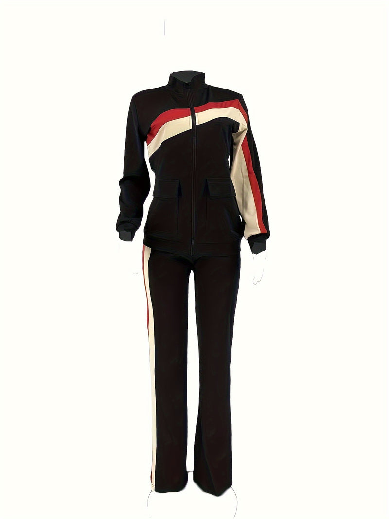 Women's Color-Blocked with Pockets, Stylish And Casual Two-Piece Set.