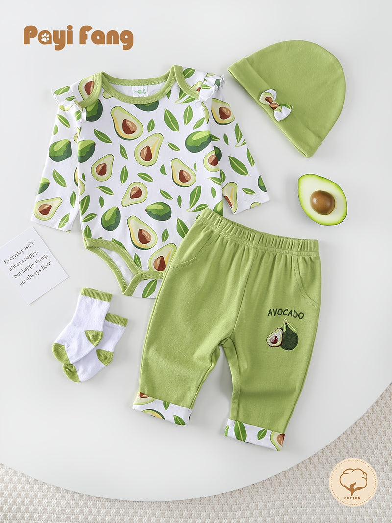 Baby Long-Sleeved Triangle Romper Pants Hat Socks Set.