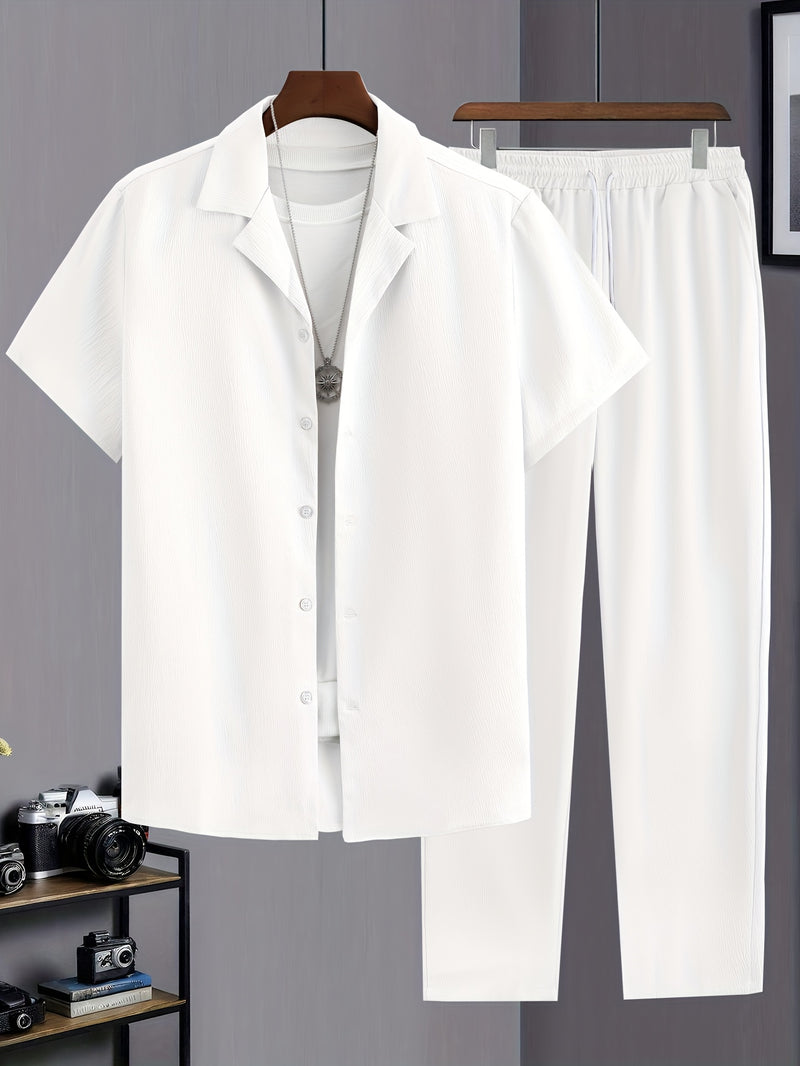 Men's Casual Solid Color Suit Collar Shirt and Trousers Set.
