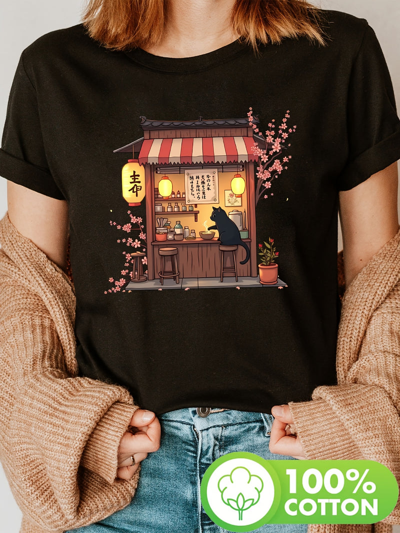 Women’s Cute Black Cat Eating Ramen Anime Print T-Shirt.