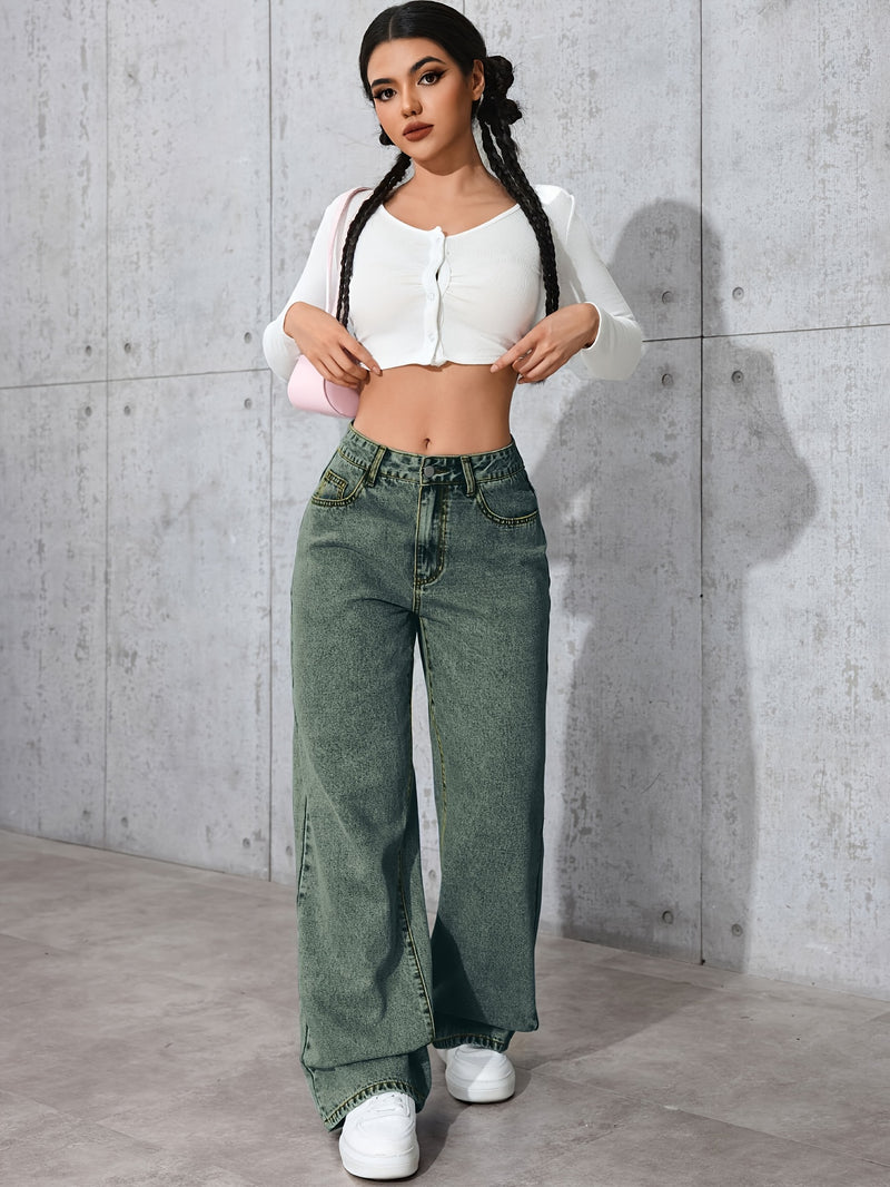 Women's High-Waisted Minimalist Versatile Vintage Wide-Leg Jeans.