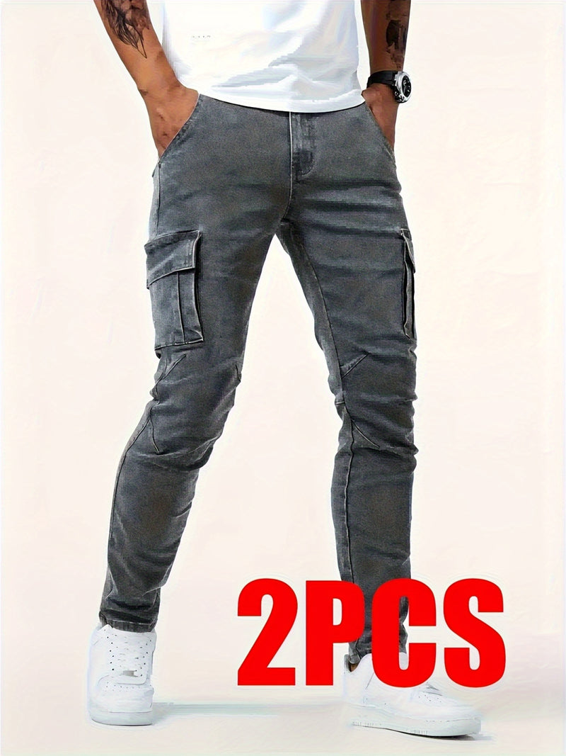 Men's Casual Multi-Pocket Stretchy Denim Pants Set of Three.