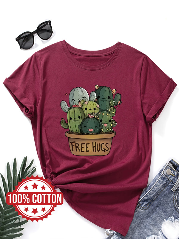 Women's "Free Hugs" Slogan T-Shirt.