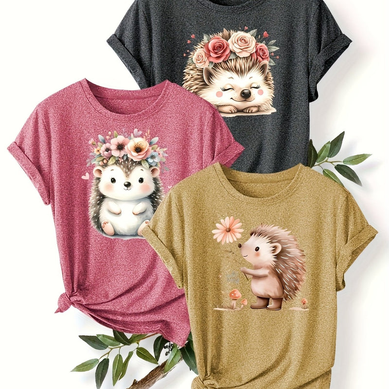 3pcs Women's Cute Hedgehog Graphic T-Shirts.
