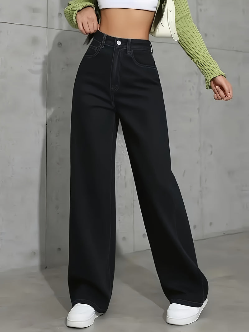 Ladies' Black Wide-leg Pants, Elastic Belt and Slanted Pockets.