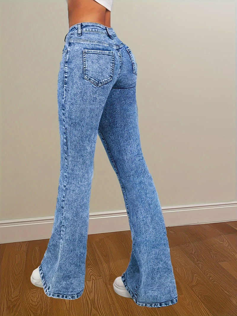 Women’s Blue Snowflake High Stretch Flare Leg Jeans.