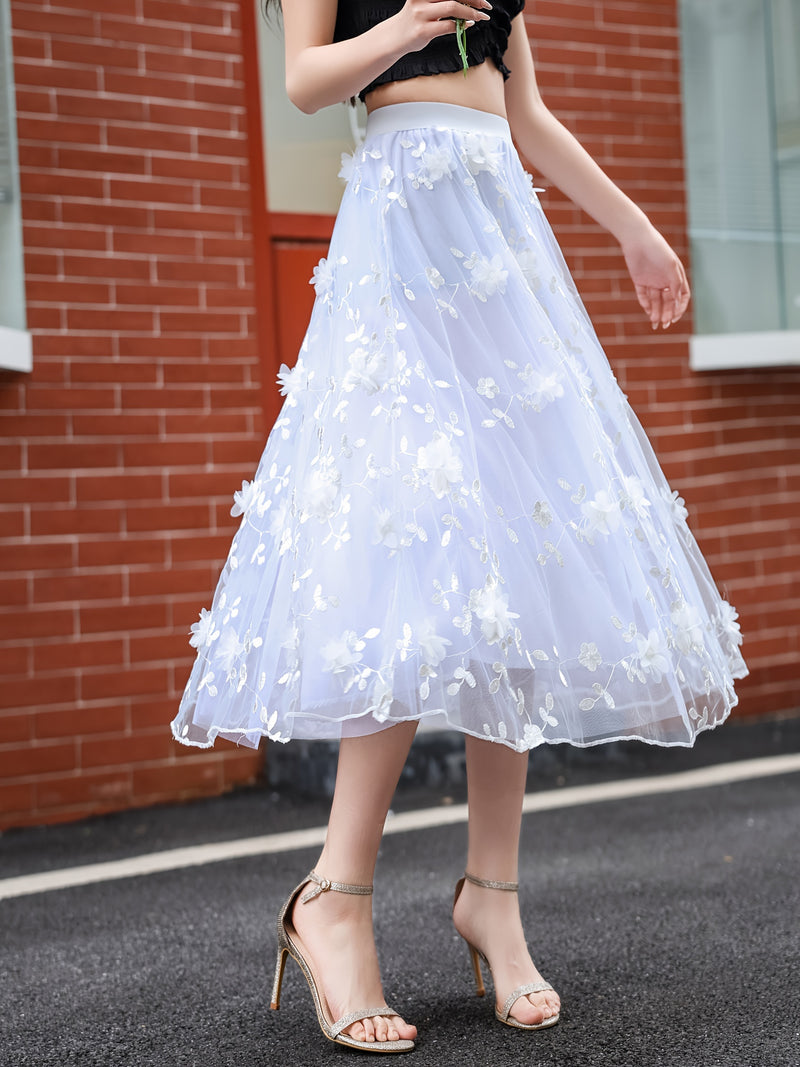 Women’s Double-layer Mesh Flared A-line Embroidered Floral Skirt.