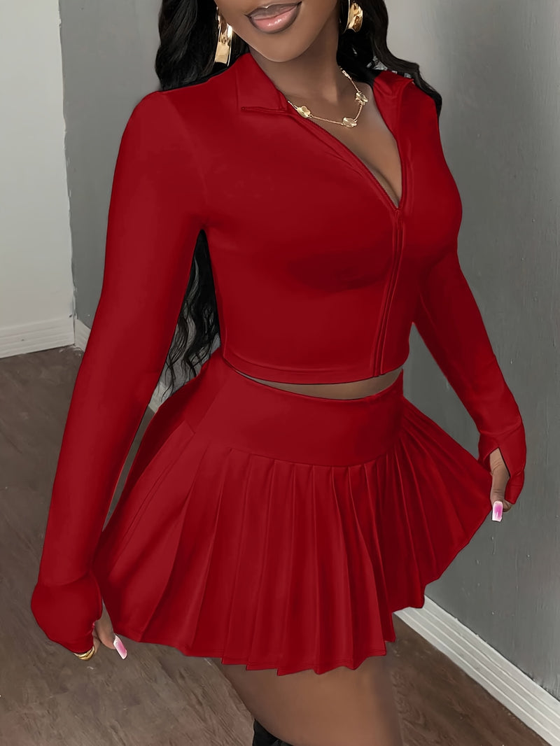 2pcs Women'S Casual V-Neck Zip-Up Top And Pleated Mini Skirt Set.