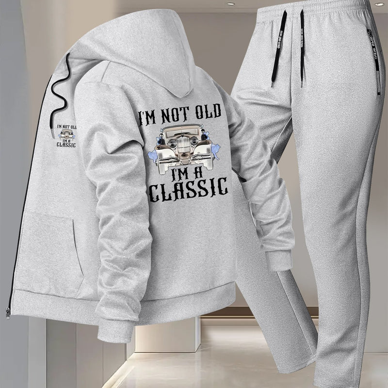 Men's Vintage Car Print 2pcs Suit Set - Slim-Fit Hooded Jacket & Pants.