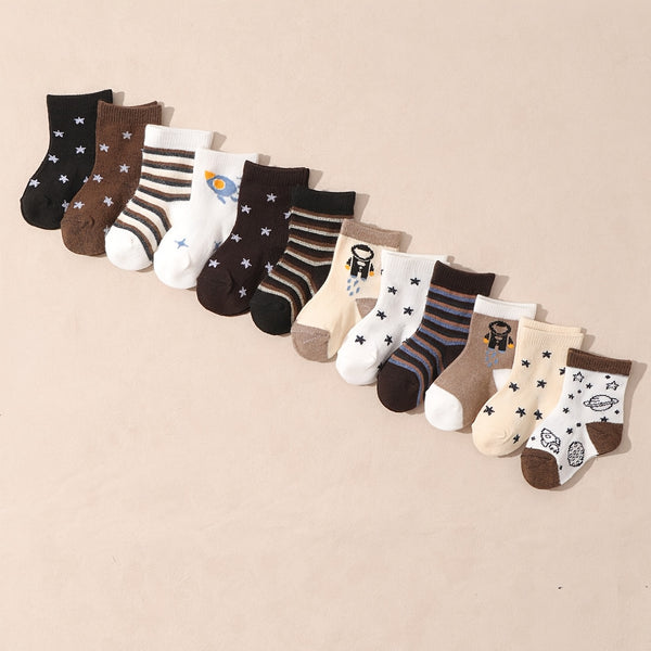 10 Pairs of Solid Color Baby Socks with Star And Stripe for Everyday Wear.