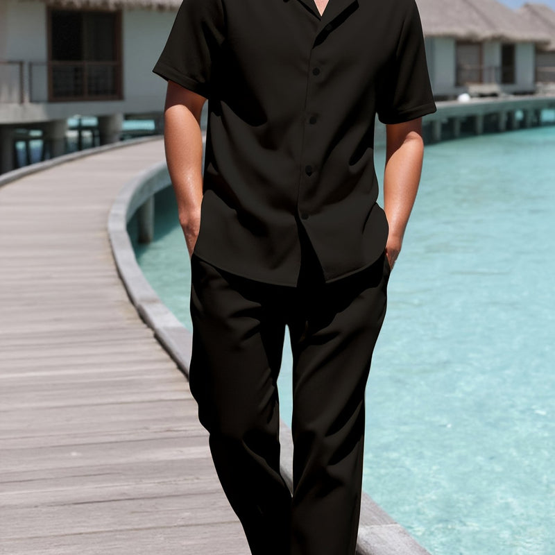 A Set of Two Men's Casual Solid Color Suit Collar Shirts And Long Pants.