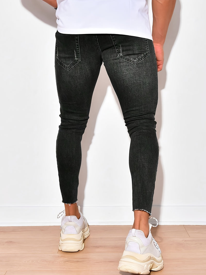 Men's Slim-Fit Jeans - Dark Washed Stretchy Denim with Distressed Details.