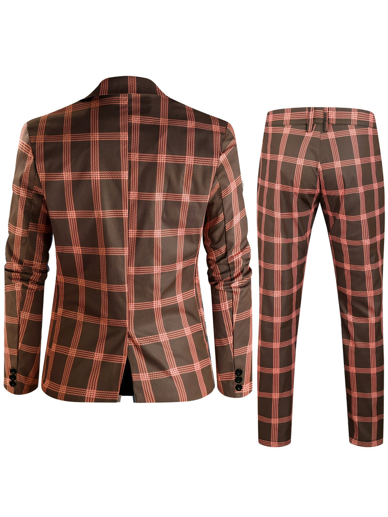 2pcs Men'S Casual Fashion Patchwork Plaid Suit | Non-Stretch Fabric.