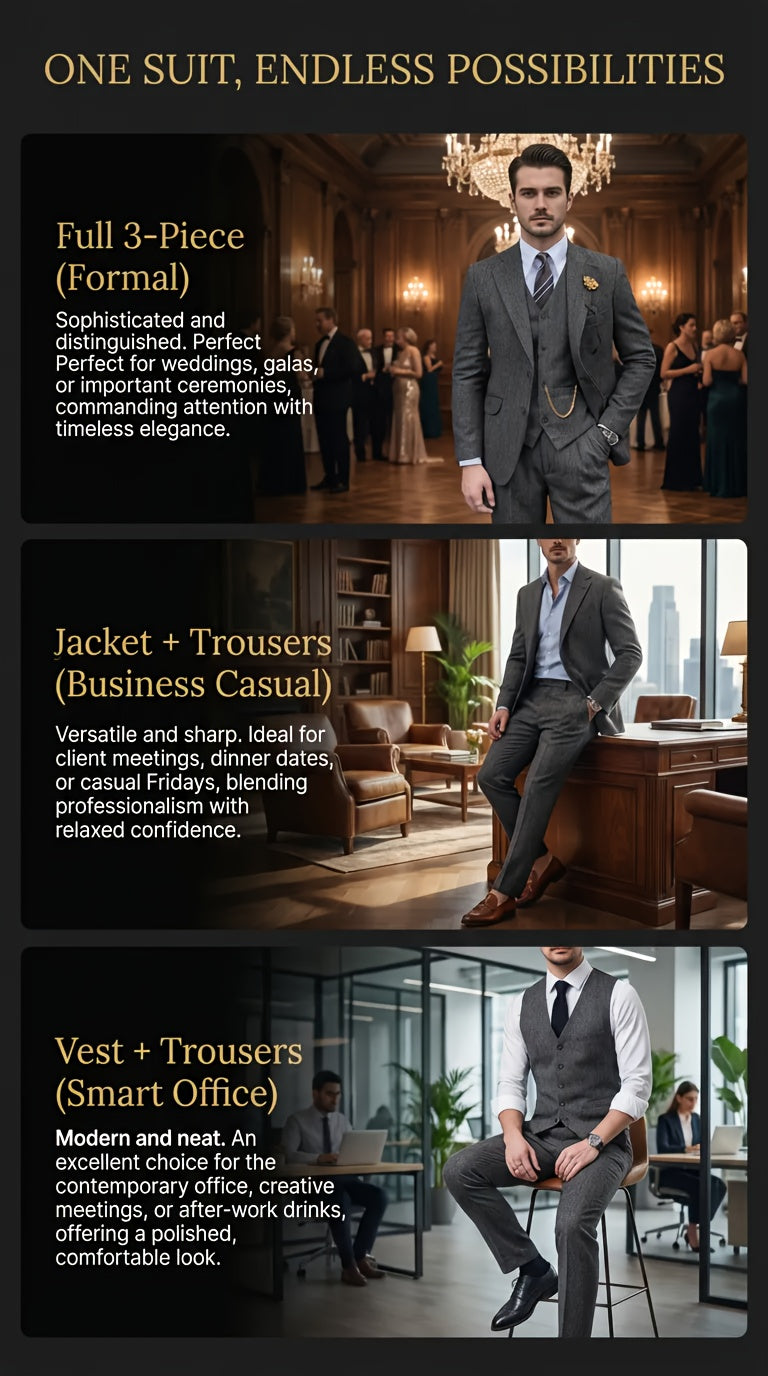 Men's Three-Piece Suit Made of Blended Herringbone Fabric.