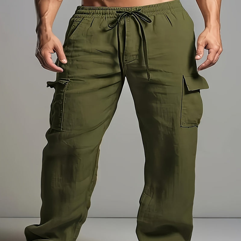 Linen Drawstring Elastic Waist Multi-Pocket Casual Long Pants.