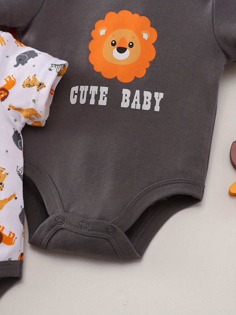5pcs Set for Baby Boys Featuring a Cartoon Orange Lion Print.