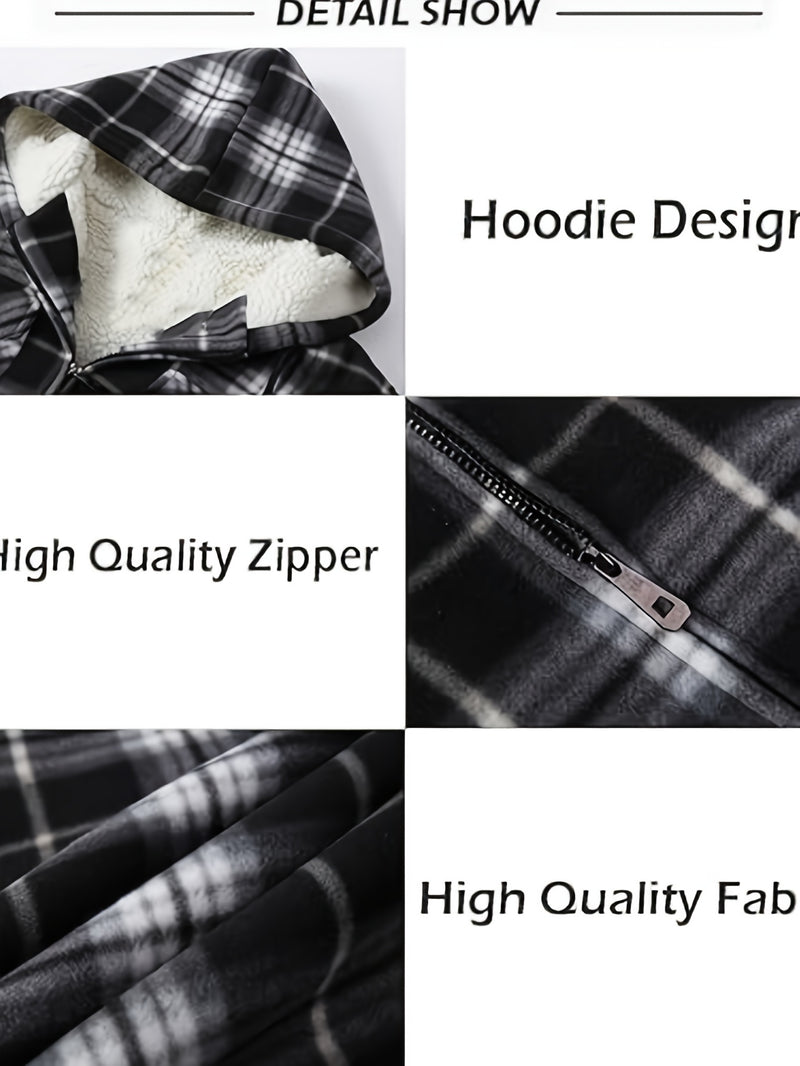 Men's Warm Jacket with Sherpa Lining, Plaid Hooded Zip-Up Winter Coat.