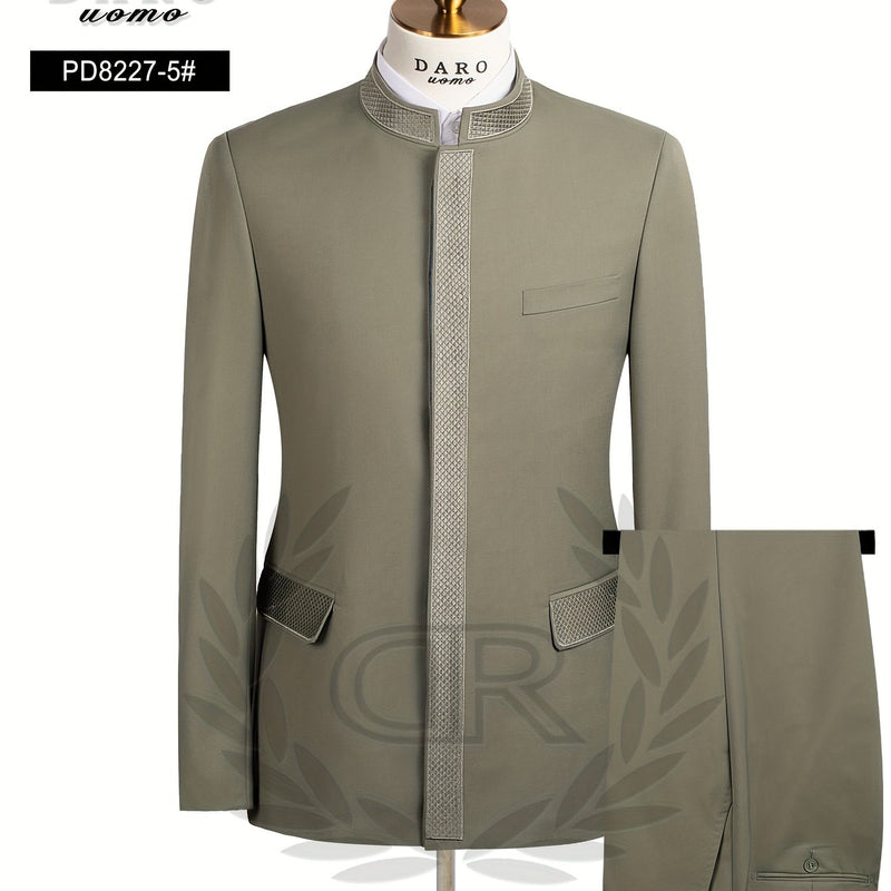 2pcs Men's Casual Zhongshan Suit with Stand Collar.