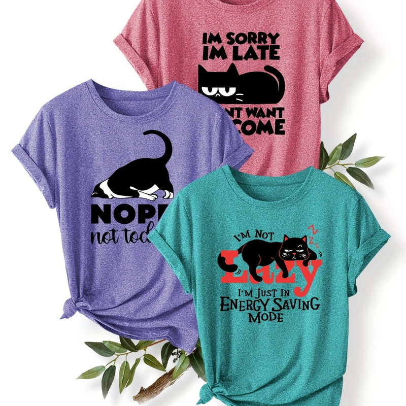 3pcs Women’s Featuring a Round-Neck Short-Sleeve T-Shirt.