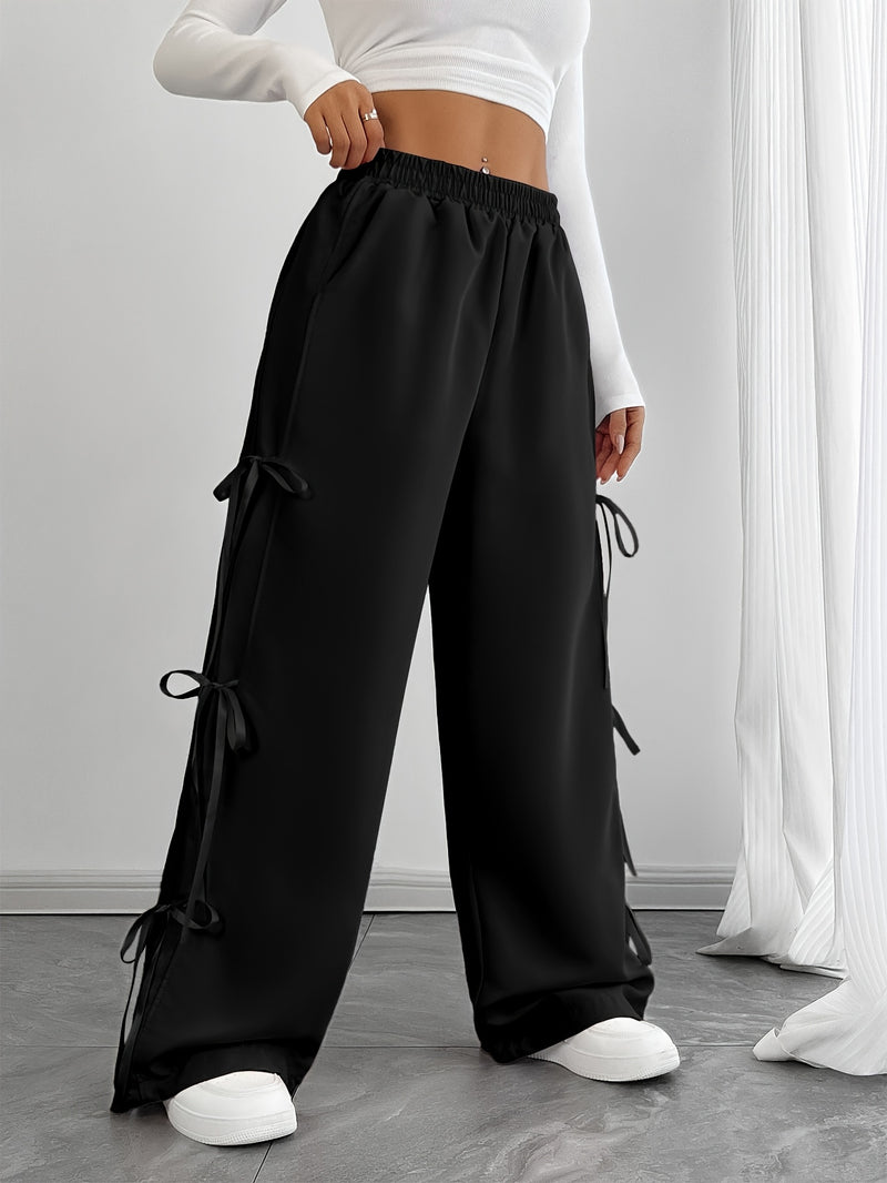 Women’s Elastic Waist Suitable for Spring, Wide-Leg Pants with Side Bow.