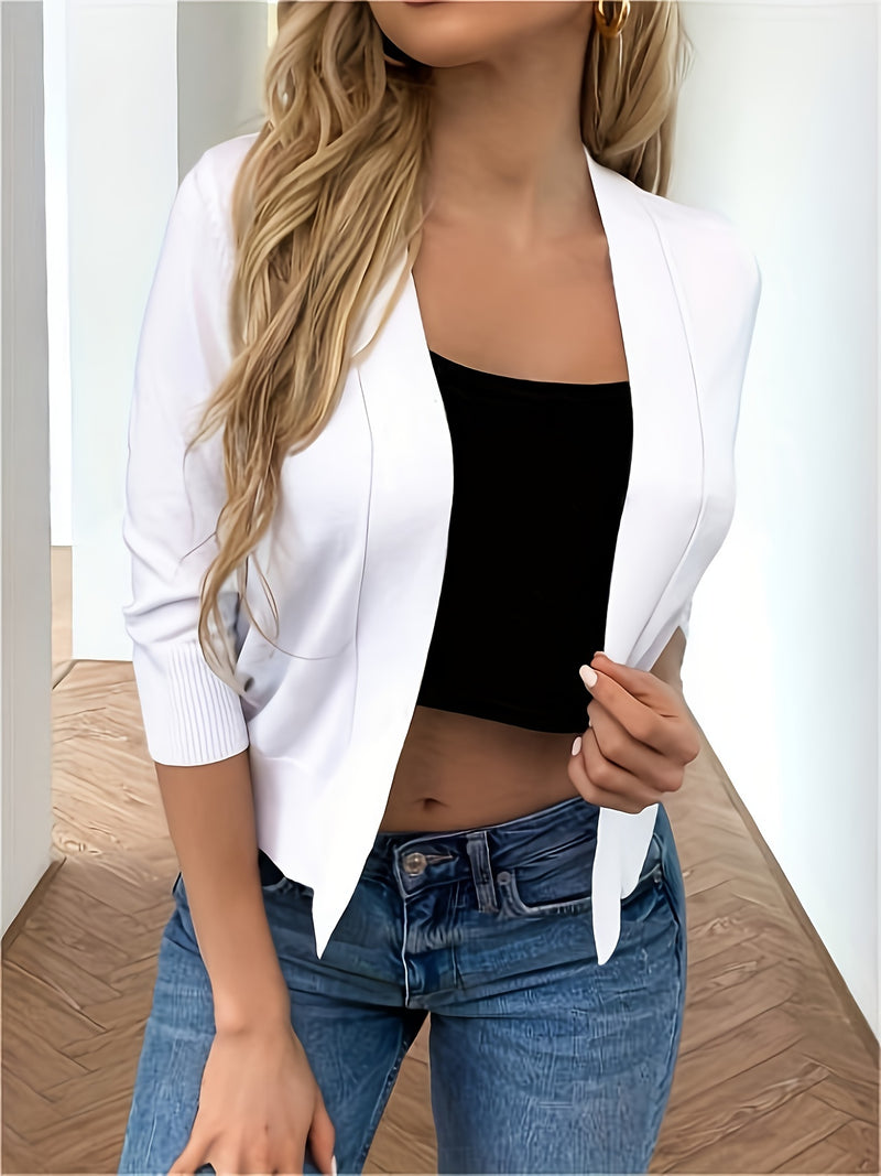 Solid Color Open Front Knit Cardigan, Casual 3/4 Sleeve Top.