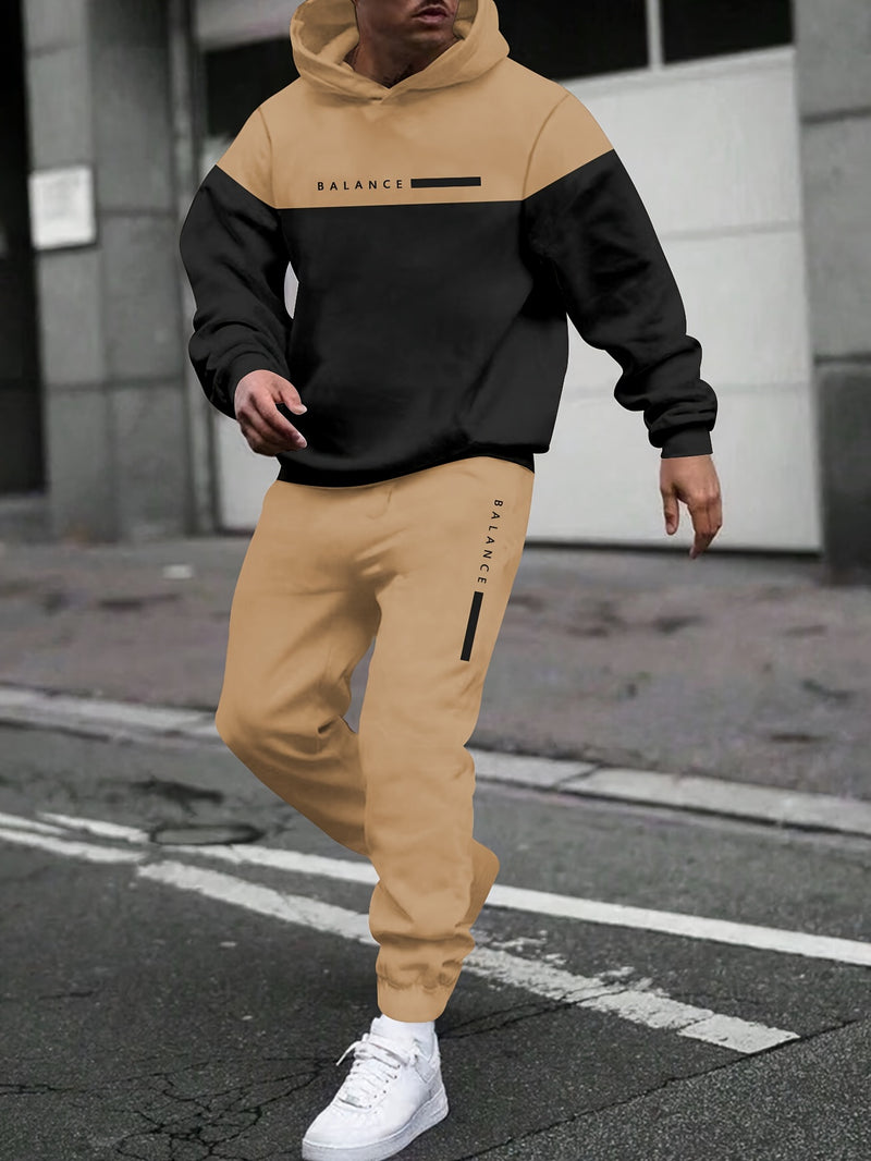 Men's Autumn And Winter Letter Print Spliced Drawstring Hoodie Sports.