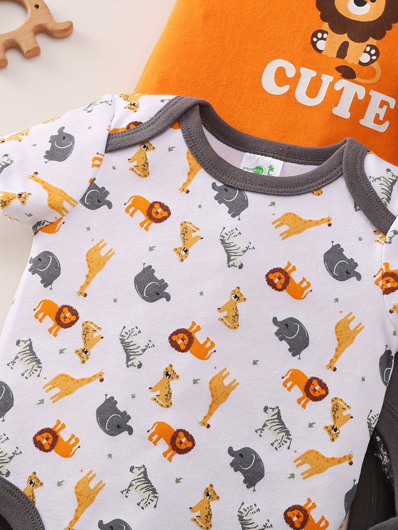 5pcs Set for Baby Boys Featuring a Cartoon Orange Lion Print.