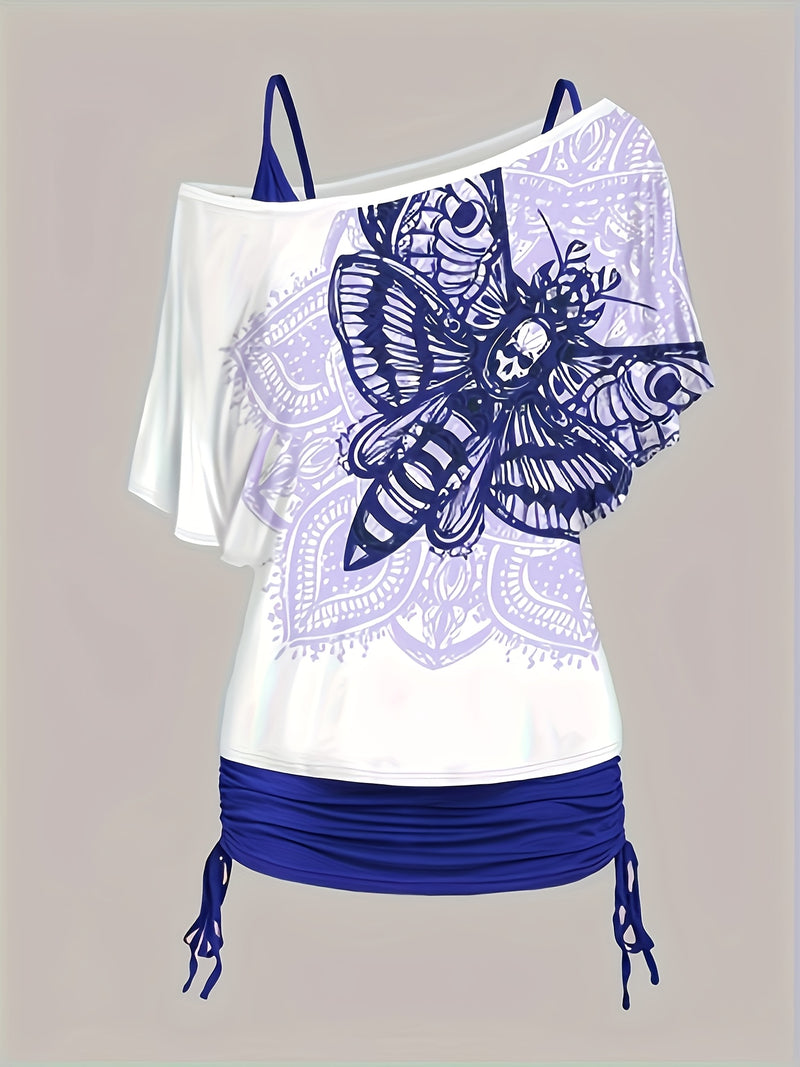 Women’s Off-Shoulder Top with Butterfly Print And Three-Quarter Pants.